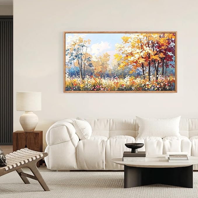 Aurlan Forest Wildflowers Landscape Hand Painted Framed Wall Decor(40"x20"), Vintage Nature Yellow Leaves Scenery 3D Textured Canvas Oil Painting, Classical Watercolor Floral Wall Art for Living Room Bedroom-Ruum Studio Home