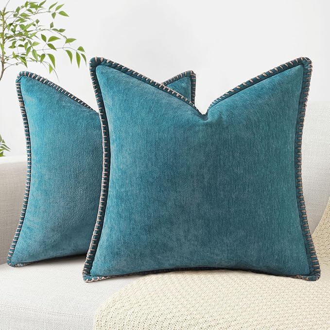 decorUhome Chenille Soft Throw Pillow Covers 16x16 Set of 2, Farmhouse Velvet Neutral Decorative Euro Pillow Covers with Stitched Edge for Couch Sofa Bed Home Decor, Teal-Ruum Studio Home