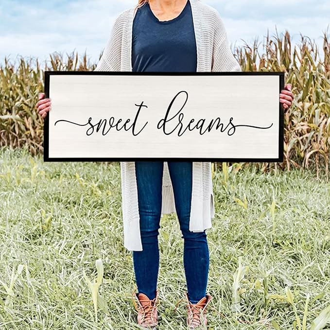 Sweet Dreams Wall Decor Above Bed 40''×15'' Master Bedroom Large Sweet Dreams Sign Farmhouse Wall Decor Guest Room Wood Rustic Framed Over Bed Wall Art Hanging Decoration (Black)-Ruum Studio Home