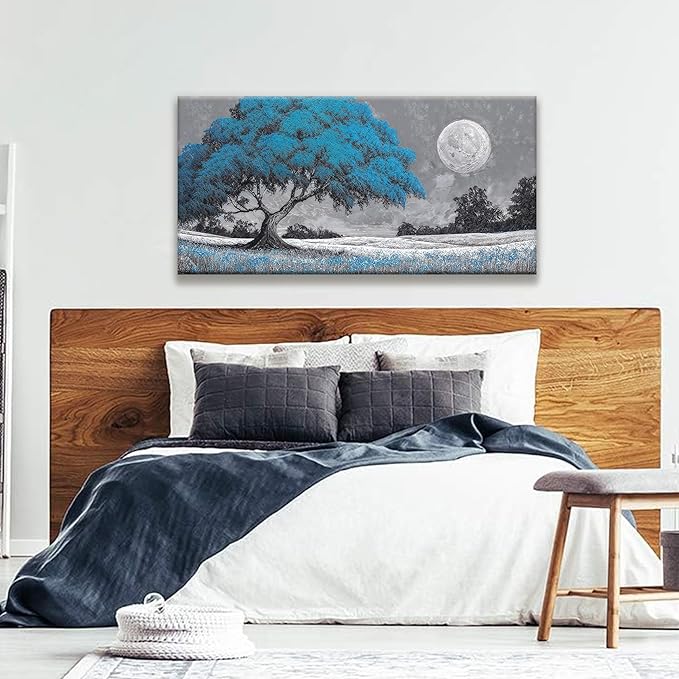 TAIJXAGSG Wall Art For Living Room Blue Tree Moon Canvas Art Wall Print Decor Artwork Print Painting 24" X 48" Modern Wall Art Picture For Bedroom Modern Salon Kitchen Office Home Wall Decor-Ruum Studio Home