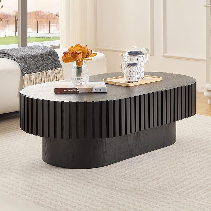 43.7" Oval Coffee Table for Living Room,Modern Handcraft Drum Coffee TableSmall Wooden Coffee Table with Sturdy Pedestal Easy Assembly for Office-Black-Ruum Studio Home