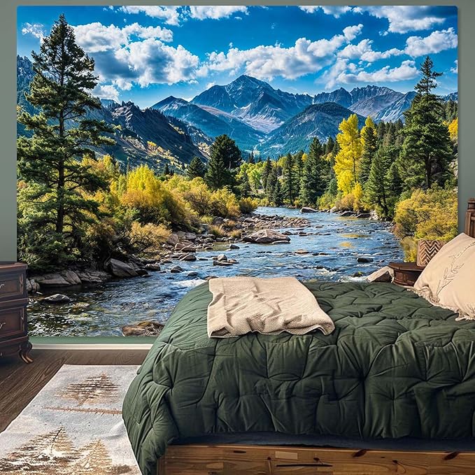 AMM Nature Forest Mountain Tapestry Green Pine Tree Tapestry for Bedroom Aesthetic White Clouds Flowing River Landscape Classroom Tapestries Wall Hanging for Living Room Dorm Office-Ruum Studio Home