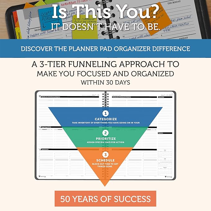 Planner Pad Spiral Bound 3-Tier Funnel Down 12 Month Organizer, July 2025 – June 2026 / Academic Year, Black Cover/Black Ink, 8 1/2" x 11"-Ruum Studio Home