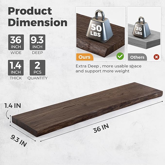 RICHFOCUS Live Edge Elm Floating Shelves - 36" W x 9.3" D Rustic Solid Wood Wall Shelves with Invisible Bracket, Wall-Mounted for Living Room, Bedroom, Kitchen Storage & Display, Set of 2, Walnut-Ruum Studio Home