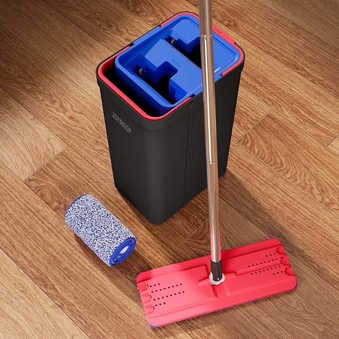JOYMOOP Mop and Bucket with Wringer Set, Hands Free Flat Floor Mop and Bucket, with 6 Washable Microfiber Pads, Wet and Dry Use, Floor Cleaning System - Black+Red+Slate Blue-Ruum Studio Home