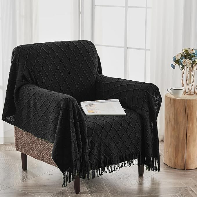 inhand Knitted Throw Blankets for Couch and Bed, Soft Cozy Knit Blanket with Tassel, Black Lightweight Decorative Blankets and Throws, Farmhouse Warm Woven Blanket for Men and Women, 60"x80"-Ruum Studio Home