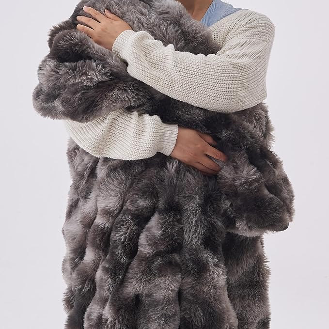 Lotus Karen Faux Fur Blanket Tie-Dye Dark Gray Twin Size - Big Bubble Rabbit Fluff Throw for Couch Small Fluffy Fuzzy Cozy Thick Furry Plush Shaggy Blankets 90x90 Inches-Ruum Studio Home