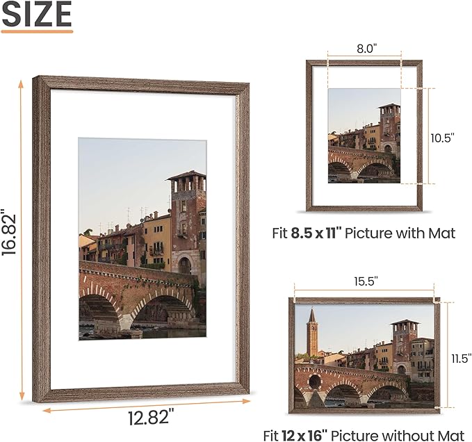 upsimples 12x16 Picture Frame, Natural Solid Wood Picture Frames, Display 8.5x11 with Mat or 12 x 16 Without, Vertical & Horizontal Wall Hanging, 1 Pack, Brown-Ruum Studio Home