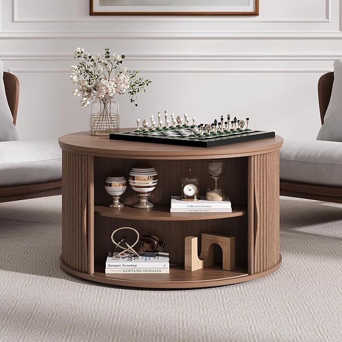 Round Coffee Table with Lifting Top,31.5”Mid Century Modern Lift Top Coffee Table with Hidden Compartment,Fluted Small Center Table for Living Room,Walnut-Ruum Studio Home