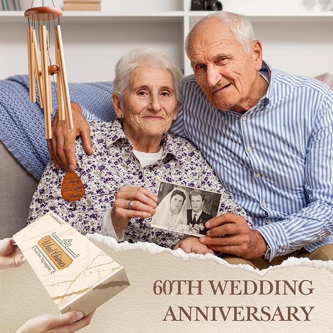 60th Wedding Anniversary Wind Chime, Happy 60th Anniversary Romantic Gifts for Couple, Parents, Wife, Husband, Friends, Diamond Anniversary's Keepsake Gifts Ideas-Large 36''-Ruum Studio Home