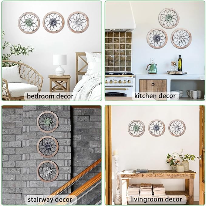 Paquesta 3 Piece Round Farmhouse Wall Decor with 6 Piece Interchangeable Flowers 12'' Medallion Wood & Metal Rustic Wall Art for Living Room Bedroom Kitchen Bathroom Dining Room Home Decorations-Ruum Studio Home