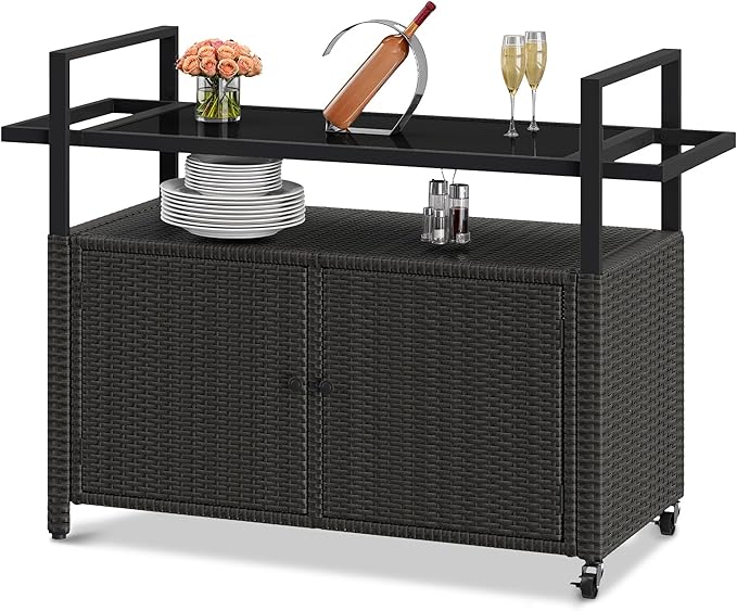 DWVO Patio Bar Table,Outdoor Kitchen Island with Glass Top,Rattan Patio Storage Cabinet with Wheels,Bar Cart for Poolside and Backyard,Black-Ruum Studio Home