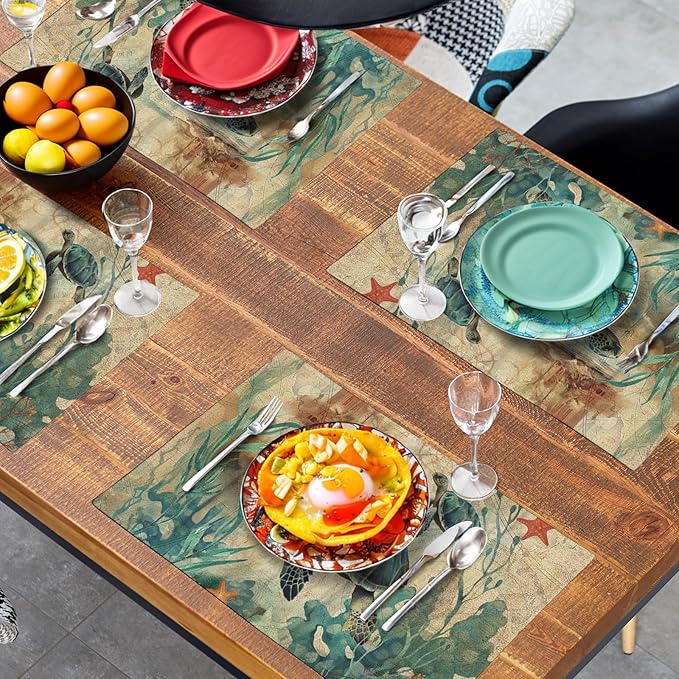Sea Turtle Placemats Set of 4 Summer Beach Seasonal Linen Table Mats 12x18 Inch Vintage Ocean Animal Heat Resistant Washable Non-Slip Place Mats for Party Kitchen Dining Decoration-Ruum Studio Home