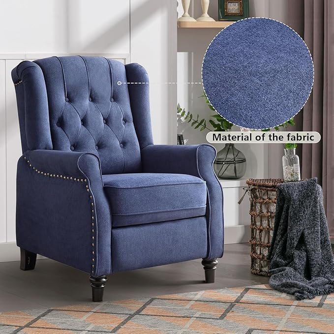 CANMOV Push Back Recliner Chair Set of 2, Modern Fabric Wingback Recliner Chair, Comfy Armchair Single Sofa Accent Chair with Padded Seat and Nailhead Trim, Tufted, Dark Blue-Ruum Studio Home
