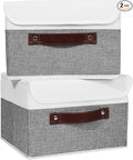 ANMINY 2PCS Storage Boxes with Lid Washable Decorative Storage Bins Basket with PU Leather Handle Foldable Linen Fabric Storage Cubes Containers for Home Closet Organizer - Gray White, Small Size-Ruum Studio Home