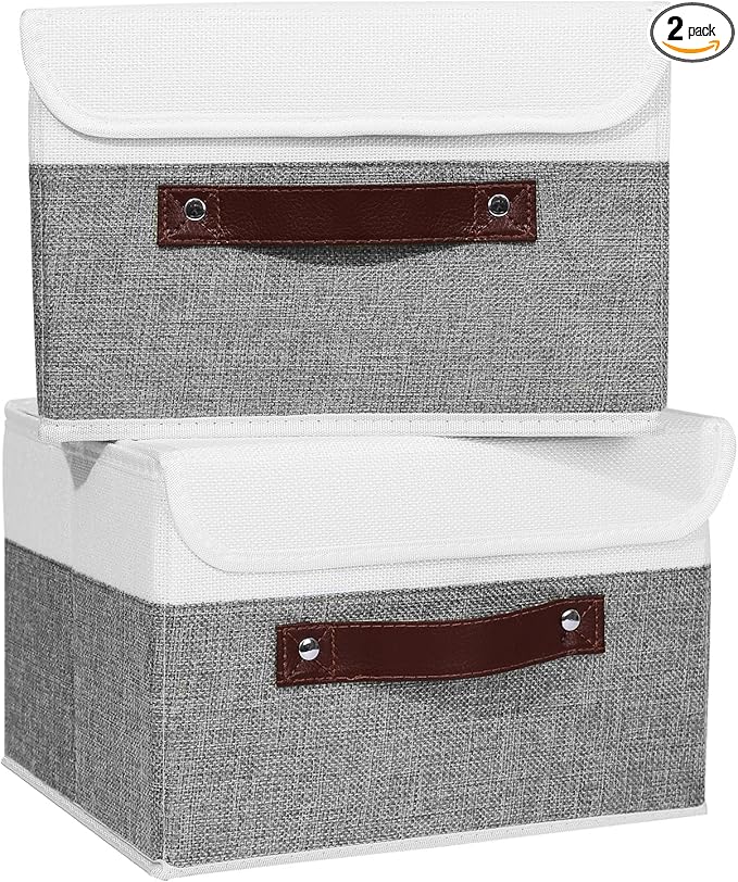 ANMINY 2PCS Storage Boxes with Lid Washable Decorative Storage Bins Basket with PU Leather Handle Foldable Linen Fabric Storage Cubes Containers for Home Closet Organizer - Gray White, Small Size-Ruum Studio Home