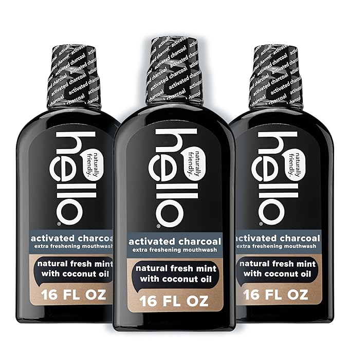 Hello Activated Charcoal Extra Freshening Mouthwash, Natural Fresh Mint and Coconut Oil, Fluoride Free, Alcohol Free, Vegan, SLS Free and Gluten Free, 16 Fl Oz (Pack of 3)-Ruum Studio Home