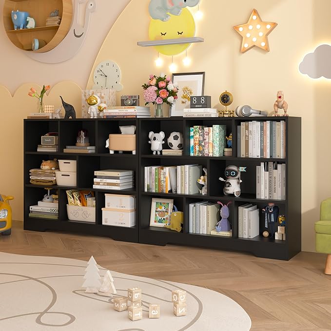 Book Shelf Set of 2, 8 Cubes Storage Organizer, Freestanding Balck Bookshelf Cube Shelf for Bedroom, Living Room, Home Office, 3-Tier Open Bookshelf Wooden Bookcase-Ruum Studio Home