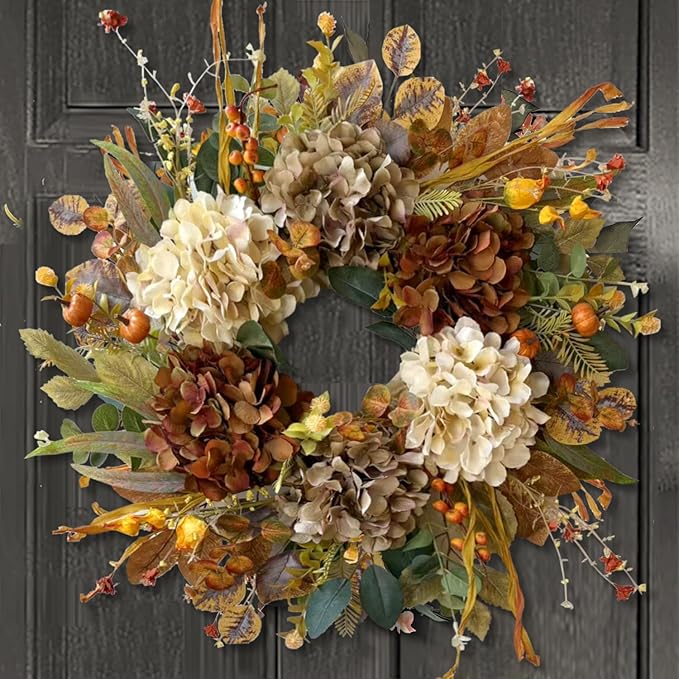 WANNA-CUL 24 Inch Fall Wreaths for Front Door with Hydrangea,Little Pumpkins-Fall Decorations for Home,Fall Door Wreath Decor for Autumn,Harvest, Halloween or Thanksgiving-Ruum Studio Home