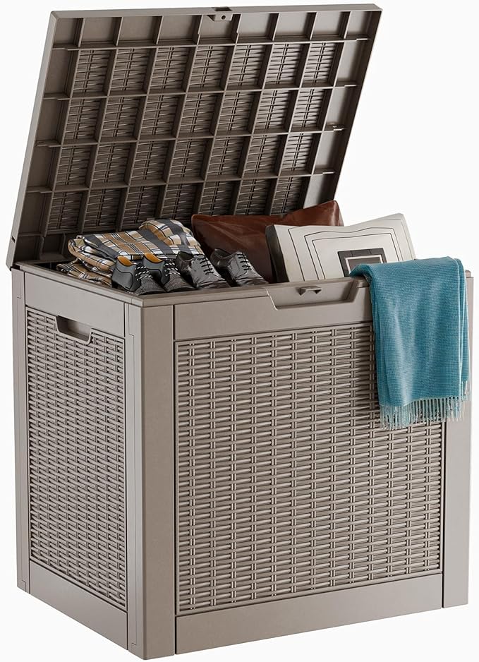 30 Gallon Resin Deck Box, Lockable Patio Outdoor Storage Box for Furniture, Garden Tools and Tools Storage, Waterproof Outside Storage Boxes - Grey-Ruum Studio Home