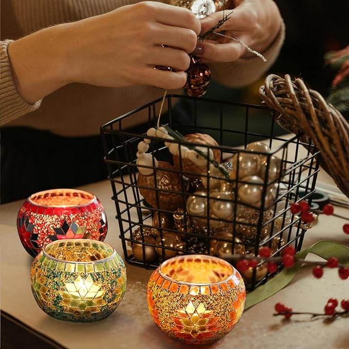 SHMILMH Votive Candle Holder Set of 4, Diwali Decoration for Home, Handmade Mosaic Glass Tealight Candle Holders for Table Centerpiece Decor,Diwali Thanksgiving-Ruum Studio Home