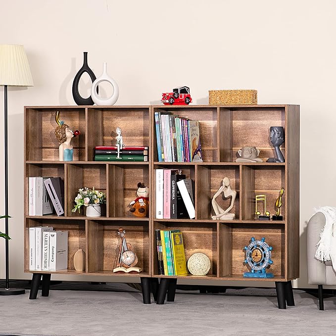 LEYAOYAO 7 Cube Bookshelf 3 Tier Modern Bookcase with Legs,Wood Book Shelves Storage Organizer Shelf,Free Standing Bookcases,Oak Display Bookshelves-Ruum Studio Home