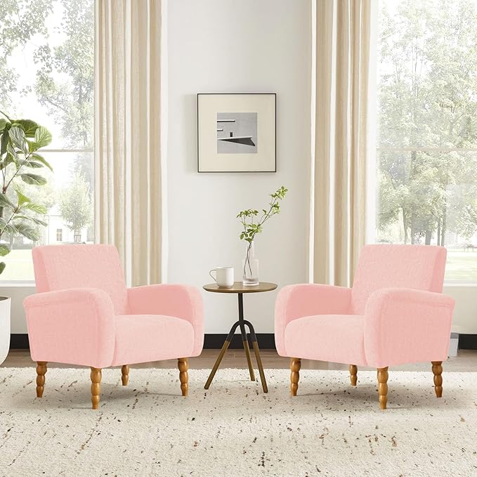 Chenille Fabric Accent Chair Set of 2, Upholstered Armchair with Solid Wood Legs, Modern Living Room Accent Chair, Comfy Single Sofa Chair Reading Club Chair for Bedroom Reception Lounge,Pink-Ruum Studio Home