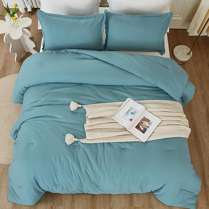 Litanika Comforters Grayish Teal Oversized Queen Size, 3 Pieces Lightweight Solid Bedding Comforter Set, All Season Fluffy Bed Set (98x98In Comforter & 2 Pillowcases)-Ruum Studio Home