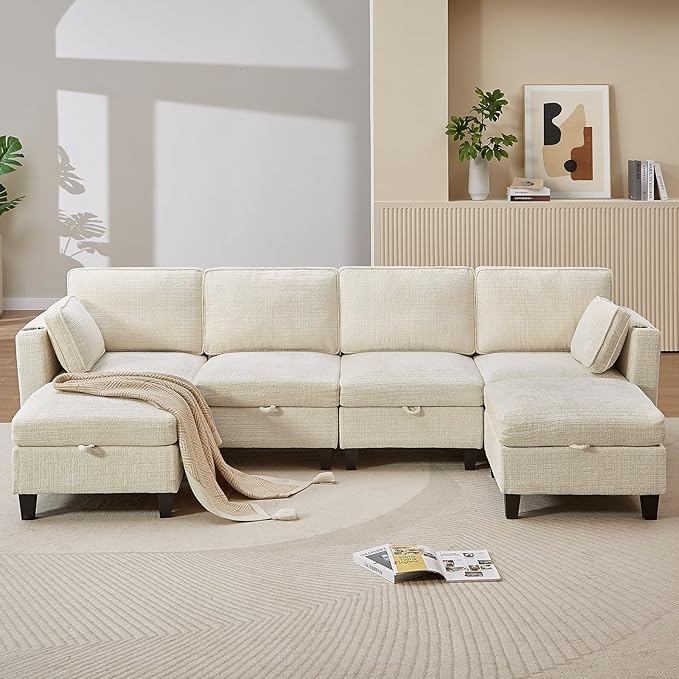 110" Modular Sectional Sofa, Convertible Sleeper Sofa Couch Bed with Adjustable Backrest, U-Shaped Chenille Cloud Couch with Ottoman Storage, Deep Seat Couches for Living Room,Beige-Ruum Studio Home
