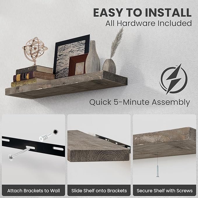 Floating Shelves, 8 Inch Deep Rustic Solid Reclaimed Wood Wall Shelves for Storage, Wall Mounted Display Shelving with Invisible Heavy-Duty Metal Bracket, 30 Inch Width Set of 2, Grey-Ruum Studio Home