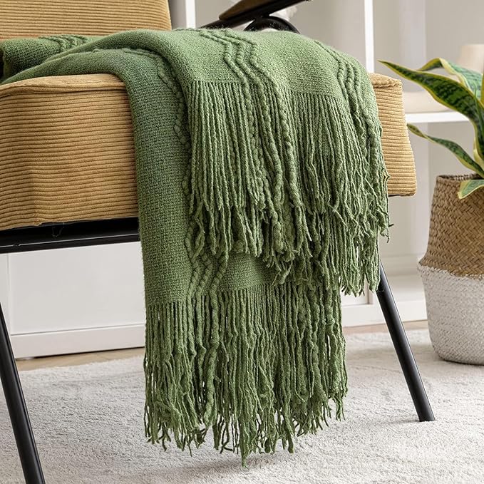 MIULEE Moss Green Knitted Throw Blanket for Couch Textured Knit Blanket with Tassels Cozy Woven Bed Blanket for Sofa Bed Chair Wave Pattern Spring Home Decor for All Seasons 50"x60"-Ruum Studio Home