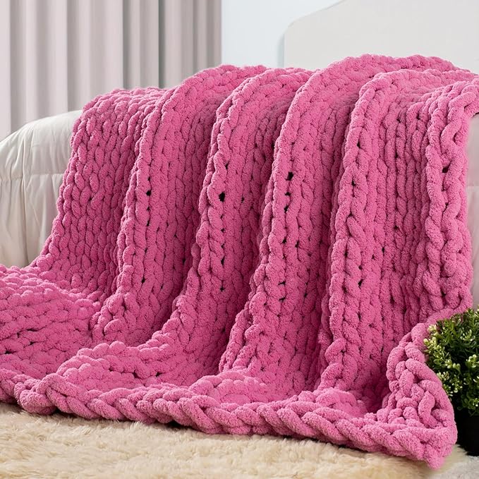 Carriediosa Chunky Knit Throw Blanket 50" X 60", 100% Hand Made Large Chenille Loop Yarn Soft Fluffy Throws for Couch Sofa Bed, Big Crochet Cozy Heavy Thick Cable Woven Blankets, Hot Pink-Ruum Studio Home
