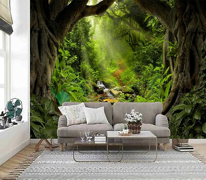 Misty Forest Tree Cave Tapestry Nature Green Tapestry Enchanted Rainforest Tropical Jungle Sunshine Flowing Stream Landscape Wall Tapestries for Living Room Bedroom Dorm Office (50" × 60")-Ruum Studio Home