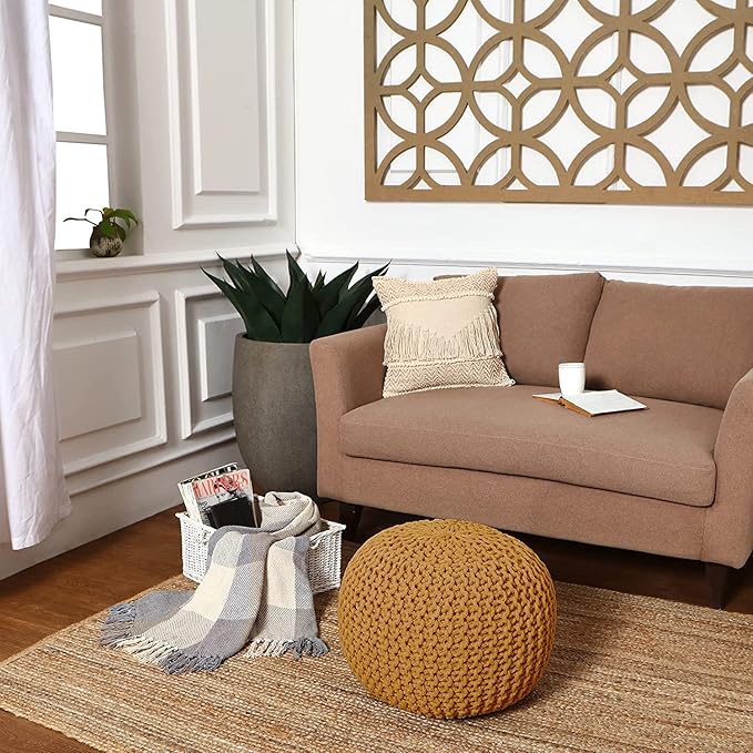 REDEARTH · Round Pouf Ottoman - Hand Knitted Cable Boho Poof Home Décor Pouffe Circular Footrest for Living Room - Bedroom - Lounge - Nursery - 100% Cotton Poufs (19.5"x19.5"x14") - Mustard-Ruum Studio Home