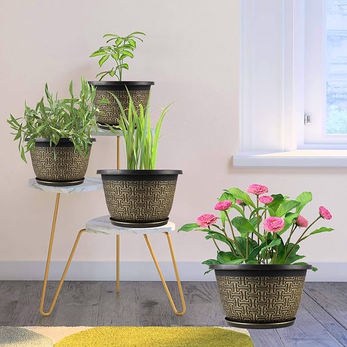4 Pack 12 Inch Plant Pots,Large-Plant-Flower-Planters-Plastic, Flower Pots Outdoor Indoor with Drainage Holes & Trays, Retro Antique Imitation Decorative Garden Sets for Houseplants-Ruum Studio Home
