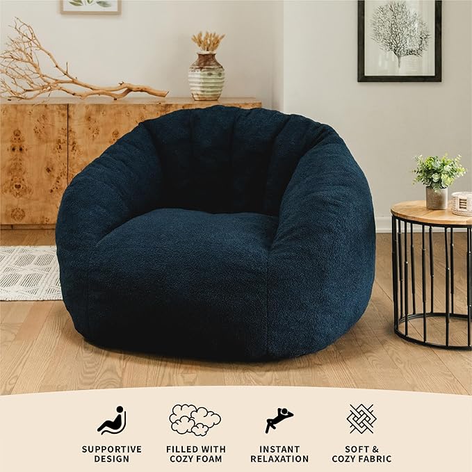 Big Joe Cloudberry Foam-Filled Structured Bean Bag Chair, Deep Blue Teddy Boucle-Ruum Studio Home