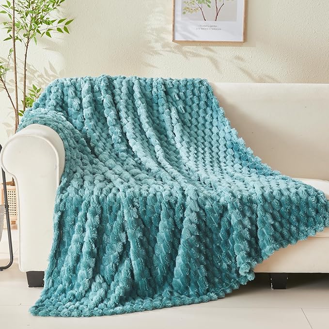 NEWCOSPLAY Super Soft King Blanket Light Teal Premium Silky Flannel Fleece 3D Clouds Stylish Jacquard Lightweight Bed Blanket All Season Use 350GSM (Light Teal, King(90"x110"))-Ruum Studio Home