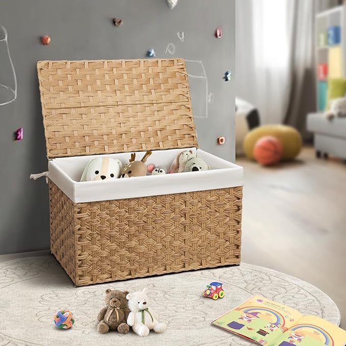 Wicker Storage Basket with Lid, 27.7 Gallon (105L) Large Blanket Basket with Lid, Woven Storage Bin with Handles, Removable Liner, Metal Frame, Foldable, for Bedroom, Laundry Room, Natural-Ruum Studio Home