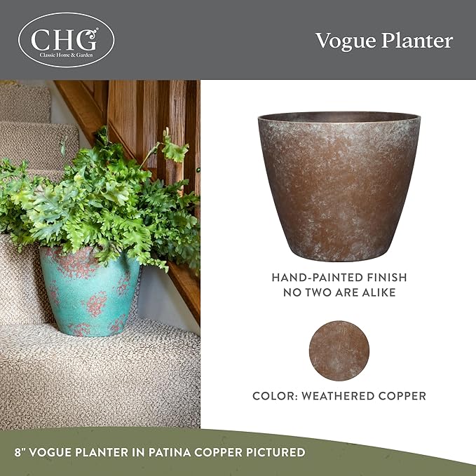 Classic Home and Garden Vogue Planter Pots w/Pottery Quality Finish - Modern Indoor & Outdoor Flower Pots - UV-Resistant Porch Planters - Decorative Pot for Flowers & Herbs (8” Weathered Copper)-Ruum Studio Home