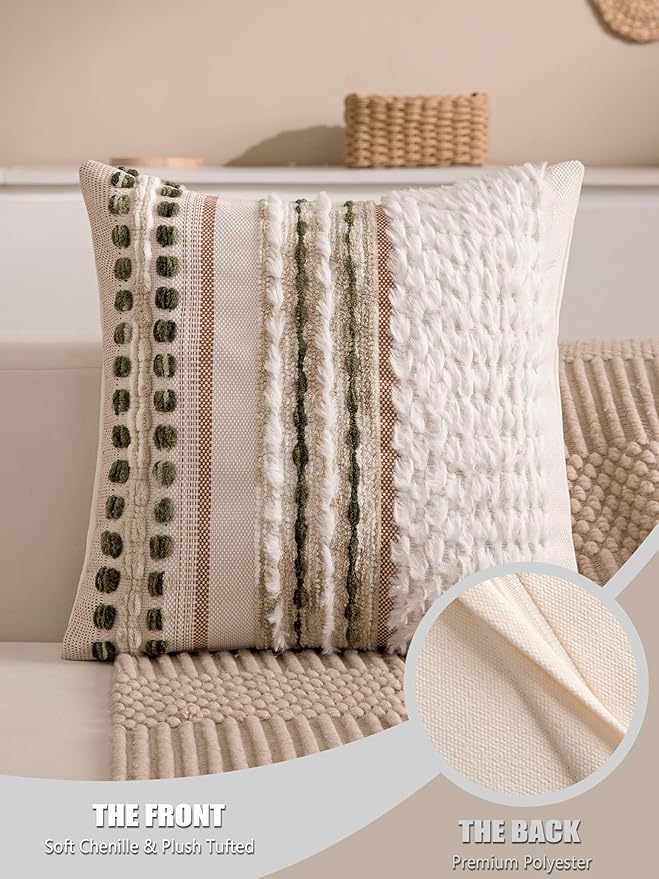 Boho Chenille Tufted Couch Throw Pillow Covers 18x18 Inch Set of 2 Farmhouse Striped Decorative Pillow Covers Accent Neutral Square Pillowcase Green Cushion Covers for Livingroom Sofa Bed-Ruum Studio Home