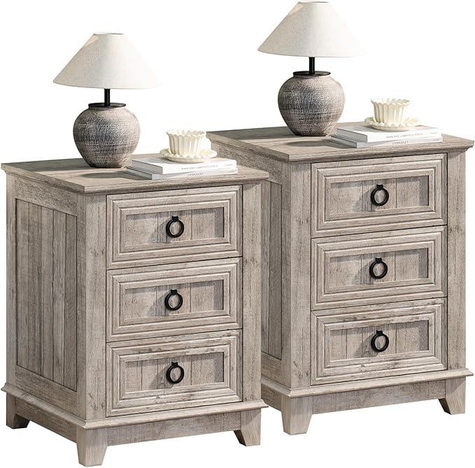 Farmhouse Night Stand Set of 2, 18" End Table with 3 Drawer Metal Handle, Dresser for Bedroom, Sofa Bed Side Table Chest of Drawers,Wood Nightstand Cabinet for Organizer, Living Room-Oak-Ruum Studio Home