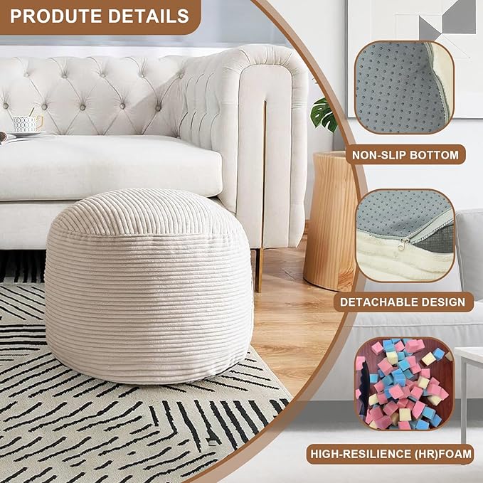 Round Stuffed Pouf Ottoman, Foot Stools Ottoman,Corduroy Poufs with Foam Chunk Filling, Furry and Fluffy Storage Ottomans, 20 X 15 Floor Poufs Foot Rest for Living Room-Ruum Studio Home