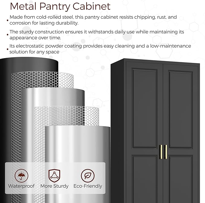 75" Kitchen Pantry Cabinet, Black Metal Storage Cabinets with 2 Doors and 4 Adjustable Shelves, Tall Pantry Storage Cabinet for Kitchen, Dining Room, Living Room-Ruum Studio Home