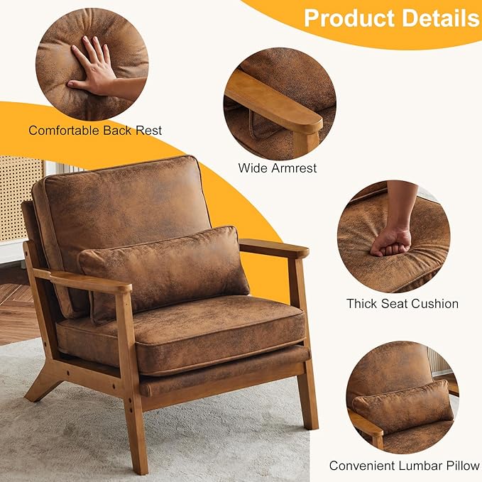 Karl home Accent Chair Wide Armrest Mid-Century Lounge Chair Bronzing Cloth Armchair with Lumbar Pillow & Solid Wood Frame for Living Room, Bedroom, Balcony, Brown-Ruum Studio Home