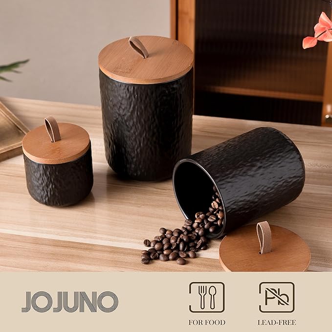 JOJUNO Black Ceramic Canister Set with Wooden Lid, 3-Piece Airtight Food Storage Jars for Kitchen Counter - Flour, Sugar, Coffee, Tea, Spice - Small, Medium, Large Sizes - Stone Texture-Ruum Studio Home
