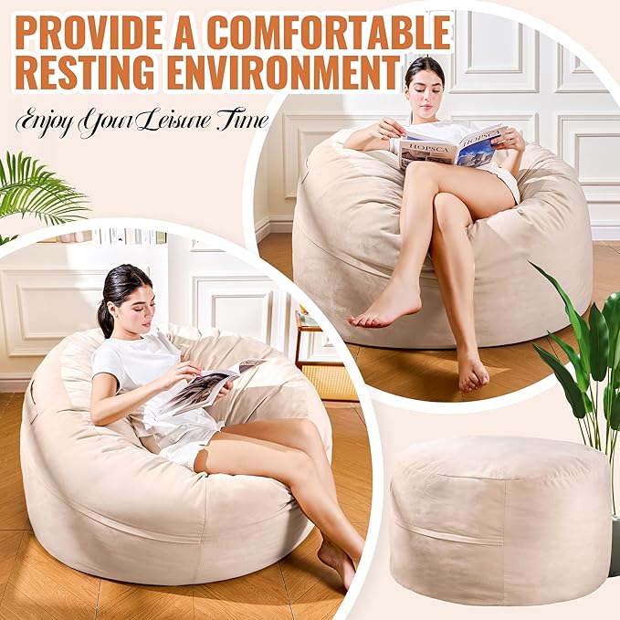 4FT Bean Bag Chair: Bean Bag with Velvet Cover, Fluffy and Comfy Bean Bag Chairs for Adults and Kids, Bean Bag Sofa Filled with High-Density Sponge for Gaming (Yellowish Beige)-Ruum Studio Home