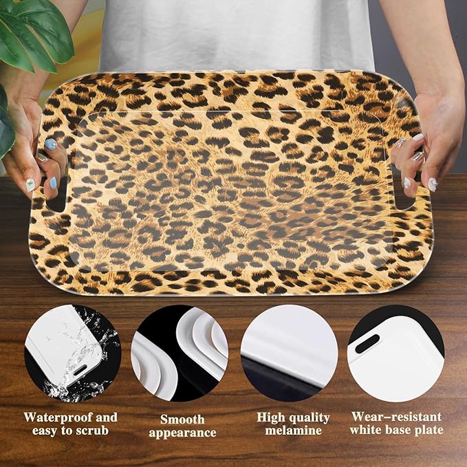 Serving Trays with Handles, 14.5 x 9.8 inch Rectangular Plastic Tray for Restaurant, Kitchen, Brown Leopard-Ruum Studio Home