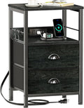 Furologee Nightstand with Charging Station, Black Night Stand with 2 Fabric Drawers, Side Table with USB Ports, End Table with Storage Shelf, for Living Room/Bedroom, Black Oak-Ruum Studio Home