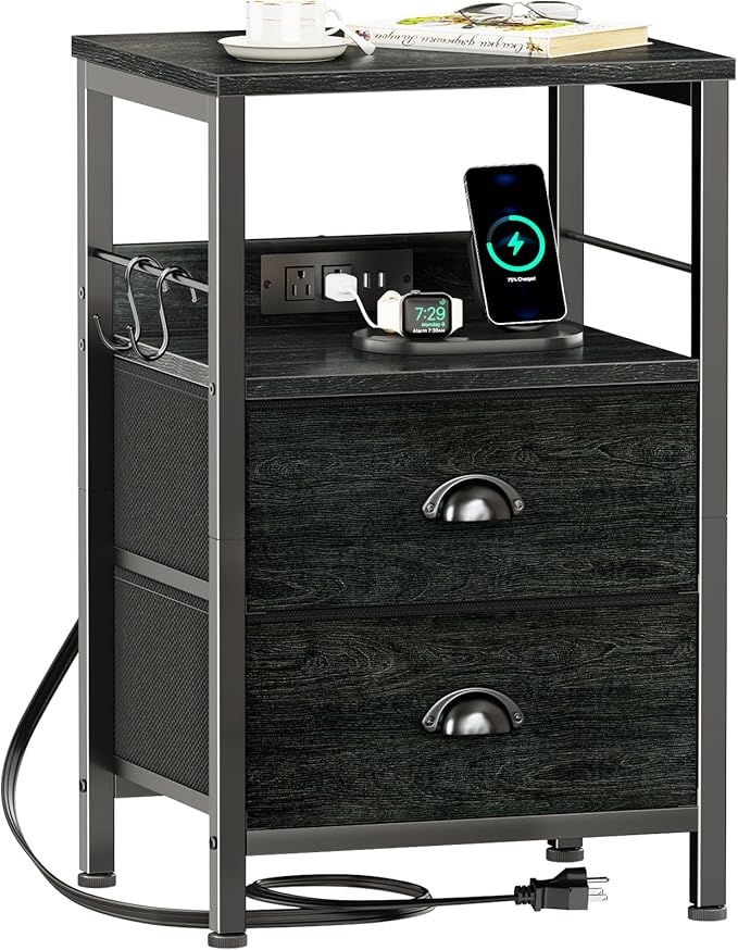 Furologee Nightstand with Charging Station, Black Night Stand with 2 Fabric Drawers, Side Table with USB Ports, End Table with Storage Shelf, for Living Room/Bedroom, Black Oak-Ruum Studio Home
