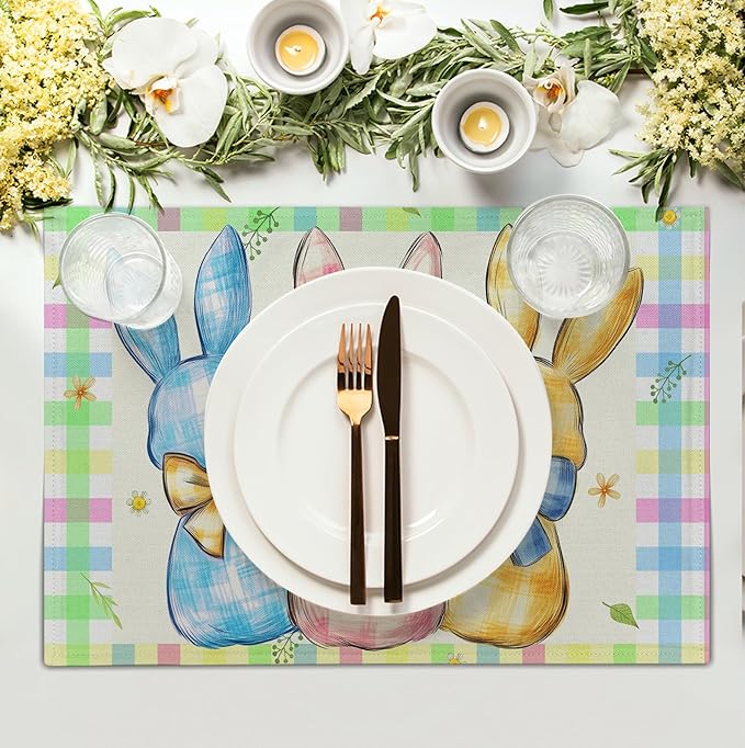 Easter Bunny Placemats Set of 4 Green Blue Pink Yellow Buffalo Plaid Rabbits Floral Bow Place Mats 12x18 Inch Happy Easter Table Mats for Spring Party Kitchen Dining Holiday Decor-Ruum Studio Home